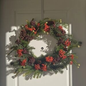 Elegant Green and Red Pinecone Holiday Wreath
